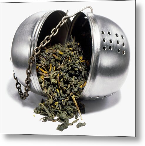 White Background Metal Print featuring the photograph Green Tea In Open Infuser, Studio Shot by Steve Wisbauer