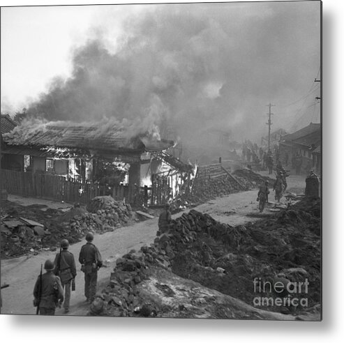 People Metal Print featuring the photograph Marines Pass Burning Building In Korea by Bettmann