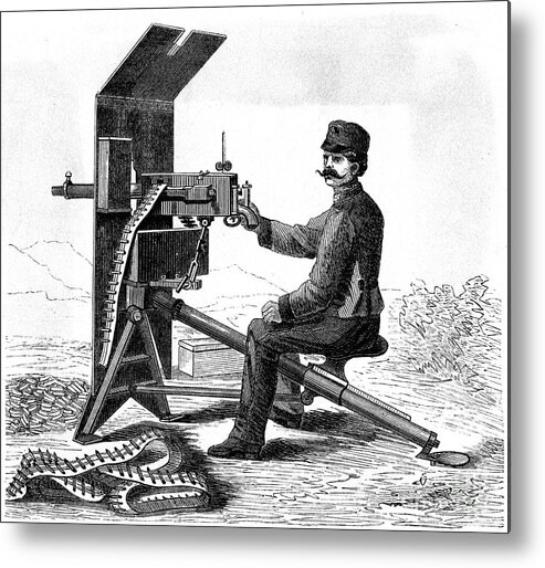 Engraving Metal Print featuring the drawing Maxim Machine Gun, C1895. Artist Anon by Print Collector