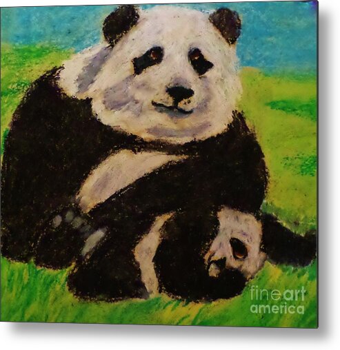 Panda Oil Pastel Wildlife Drawing Metal Print featuring the pastel Papa Panda by Christy Saunders Church