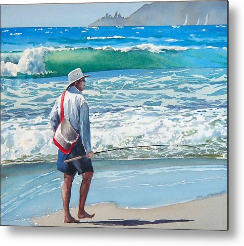 Beach.pismo Beach.ocean Metal Print featuring the painting Pismo Fisherman by Philip Fleischer