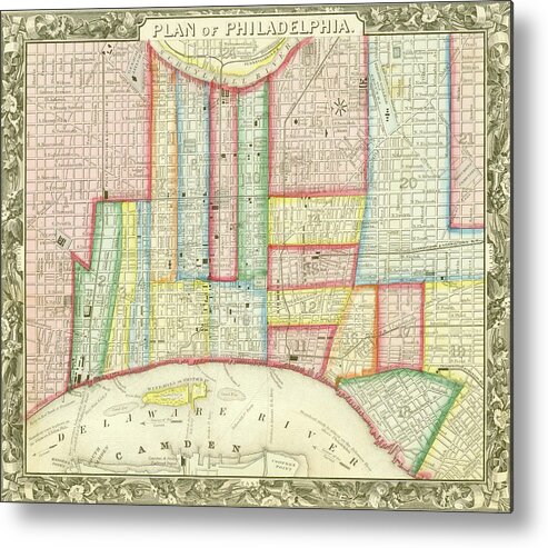Map Metal Print featuring the mixed media Plan of Philadelphia, 1860 by Augustus Mitchell