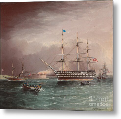 Army Metal Print featuring the painting The U.s.s. Pennsylvania Under Tow At The Outbreak Of The American Civil War With Fort Monroe In The Background by James E. Buttersworth