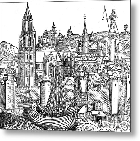 Built Structure Metal Print featuring the drawing View Of Fortified City, 1493 by Print Collector