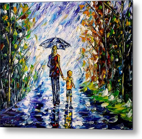 Mother And Child Metal Print featuring the painting Woman With Child In The Rain by Mirek Kuzniar