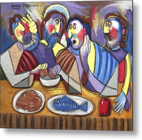 The Last Supper Metal Print featuring the painting Betrayal At The Last Supper Matthew 26 20-25 by Anthony Falbo