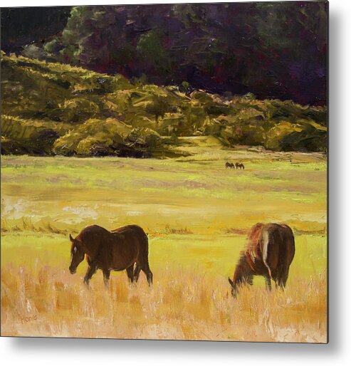 Grazing Metal Print featuring the painting Grazing Horses by Hone Williams