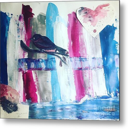 Mixed Media Bird Heart Fence Metal Print featuring the painting Hatching by Nina Jatania