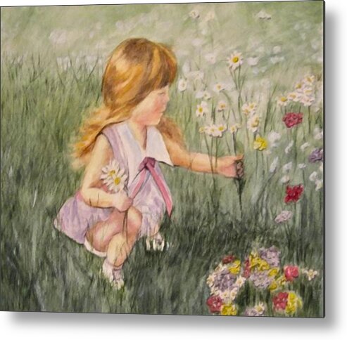 Little Girl Painting Metal Print featuring the mixed media Little Girl Picking Flowers by Kelly Mills