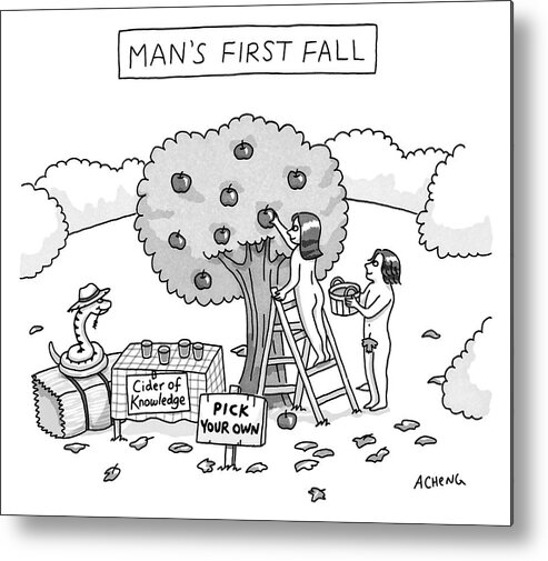 Man's First Fall Metal Print featuring the drawing Man's First Fall by Alice Cheng