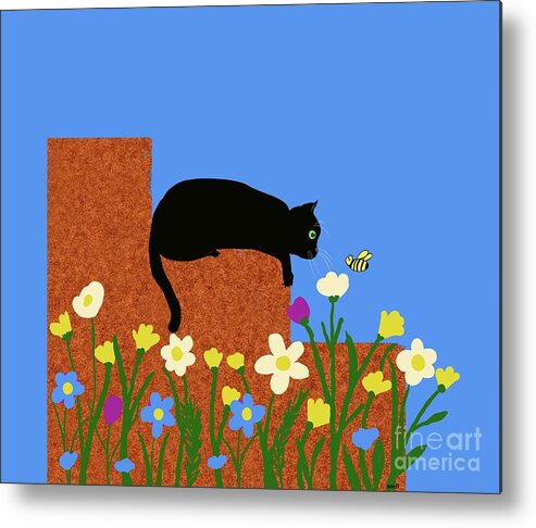 Black Cat Metal Print featuring the digital art Mesmerised by a bumble bee by Elaine Hayward