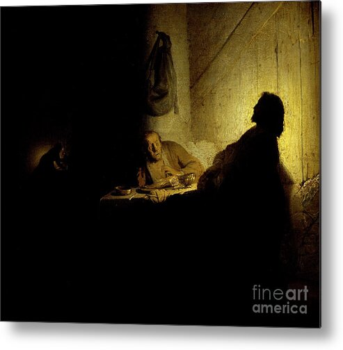 The Supper At Emmaus By Rembrandt Metal Print featuring the painting The Supper at Emmaus by Rembrandt by Rembrandt Harmenszoon van Rijn
