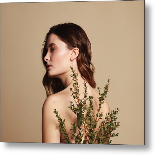 Tranquility Metal Print featuring the photograph Young beautiful girl and plant by Lambada