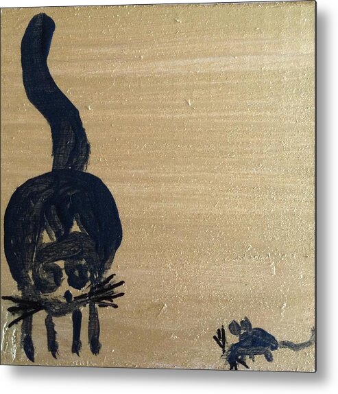 Gold Metal Print featuring the painting Cat and Mouse #1 by Roger Cummiskey