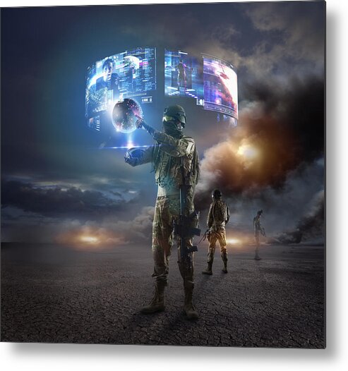 Young Men Metal Print featuring the photograph Caucasian soldier using holographs in combat zone #1 by Colin Anderson Productions pty ltd