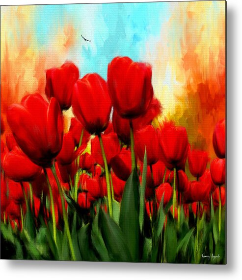 Red Tulips Metal Print featuring the digital art Devotion To One's Love- Red Tulips Painting by Lourry Legarde