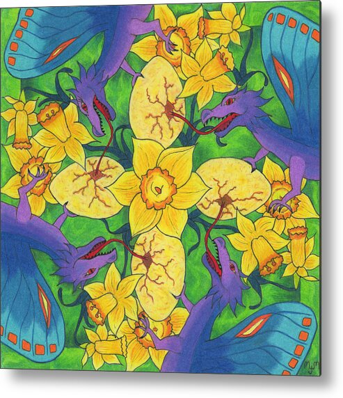 Dragon Metal Print featuring the drawing Dragondala Spring #1 by Mary J Winters-Meyer