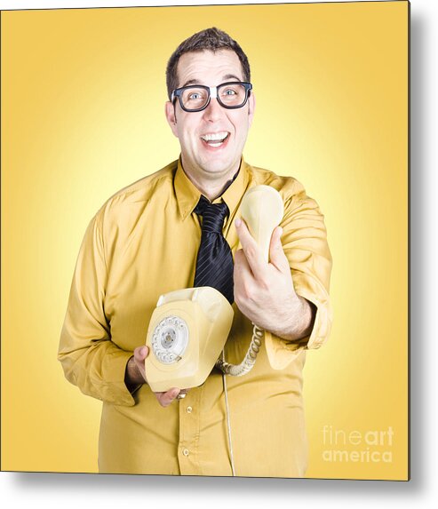 Good News Metal Print featuring the photograph Funny nerd handing over good news info #1 by Jorgo Photography