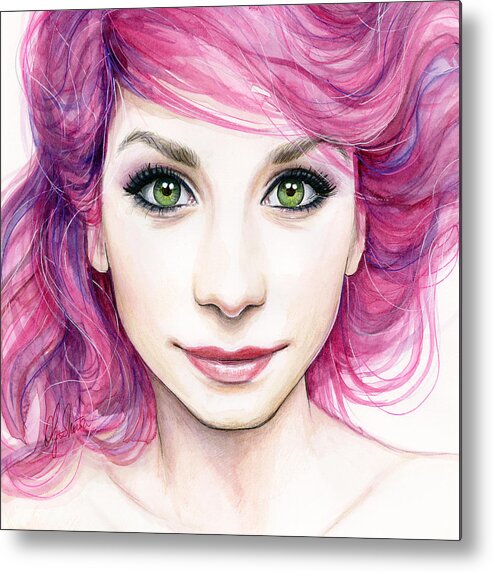 Magenta Metal Print featuring the painting Girl with Magenta Hair #2 by Olga Shvartsur
