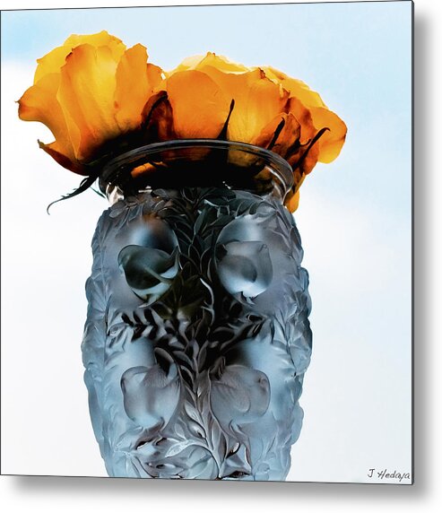 Nature Metal Print featuring the photograph Orange Roses In Vase #1 by Joseph Hedaya