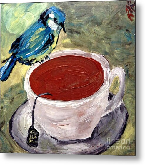 Blue Bird Metal Print featuring the painting Tea time by Reina Resto