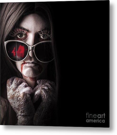 Fashion Metal Print featuring the photograph Vampire in the dark. Horror fashion portrait #1 by Jorgo Photography