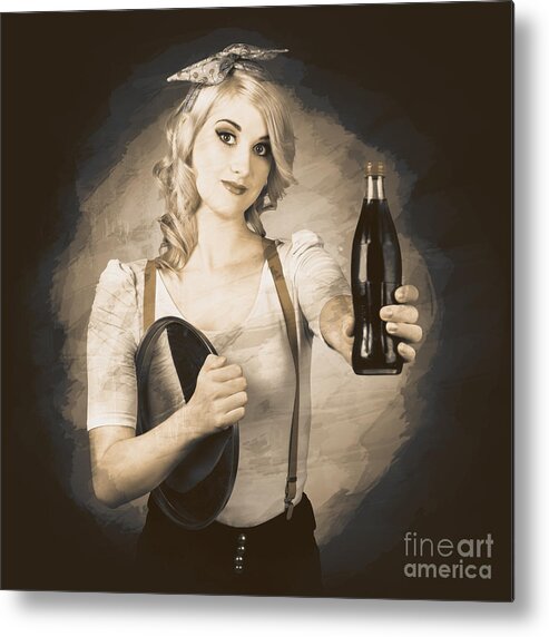 Retro Metal Print featuring the photograph Vintage soda drink advert. Pinup with cola bottle #1 by Jorgo Photography