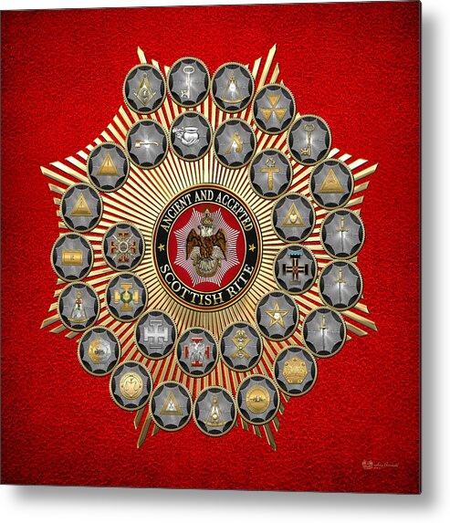 'scottish Rite' Collection By Serge Averbukh Metal Print featuring the digital art 33 Scottish Rite Degrees on Red Leather by Serge Averbukh