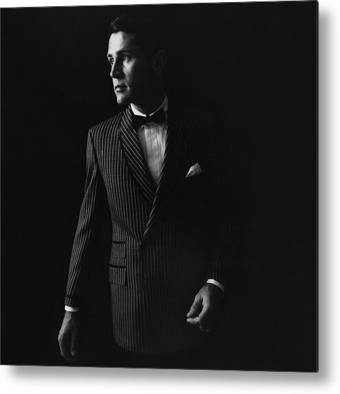 Fashion Metal Print featuring the photograph A Male Model Wearing A Textured Silk Razor Stripe by Leonard Nones