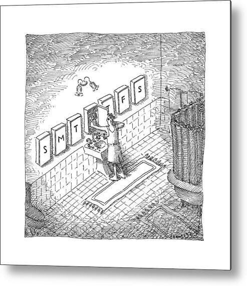 Pills Metal Print featuring the drawing A Man's Bathroom Medicine Cabinets Are Labeled by John O'Brien