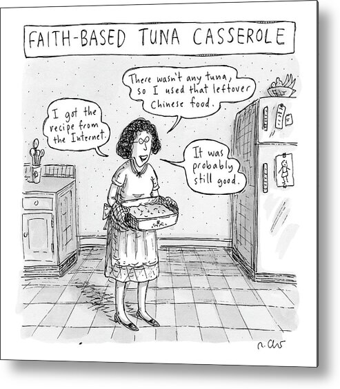 Captionless Metal Print featuring the drawing A Woman Describes Her Tuna Casserole by Roz Chast