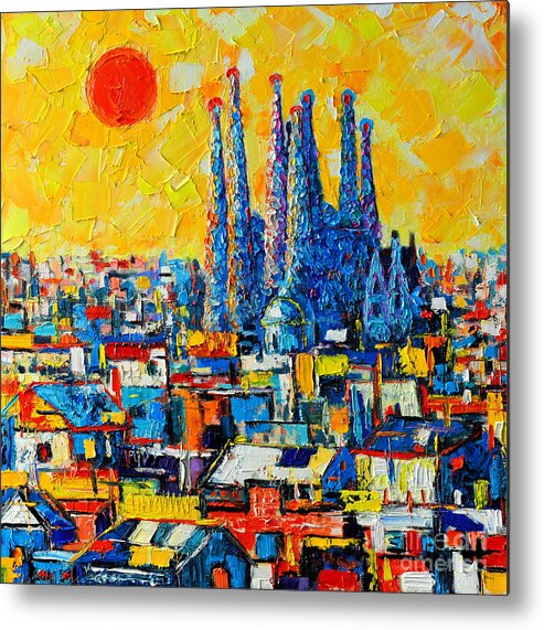 Barcelona Metal Print featuring the painting Abstract Sunset Over Sagrada Familia In Barcelona by Ana Maria Edulescu