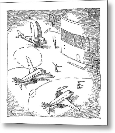 Captionless Airplanes Metal Print featuring the drawing Airplanes On A Runway Match Their Wings by John O'Brien