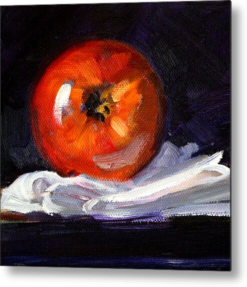 Red Metal Print featuring the painting Apple on Linen by Nancy Merkle