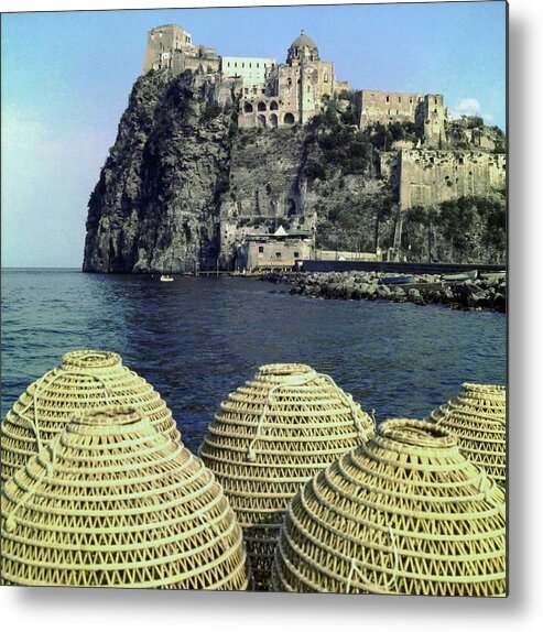 Travel Landscape 1960s Style Ischia Italy Western Europe Europe Aragonese Castle Outdoors Daytime Nobody Sea Water Cliff Natural World Sky Travel Destinations Basket Castle Castle Dwelling History Landmark Place Of Interest Building Exterior Building Architecture Facade Harbor Waterfront #condenastvoguephotograph #condenastvoguephotograph April 1st 1969 Metal Print featuring the photograph Aragonese Castle On Ischia by Horst P. Horst