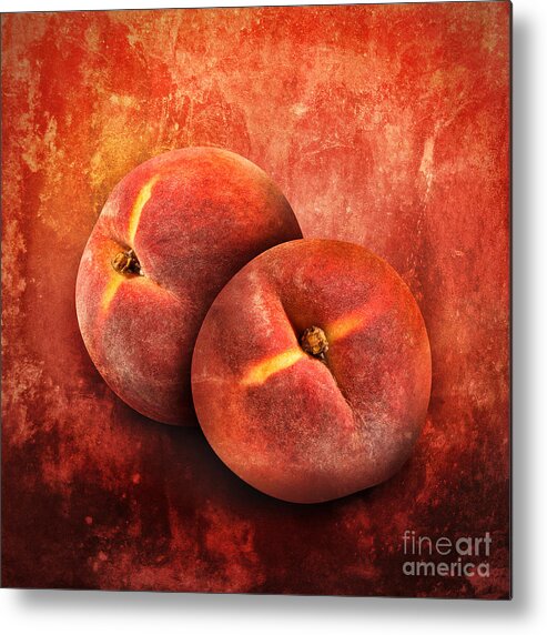 Abstract Metal Print featuring the photograph Artistic Peach Fruit on Orange Texture by Angela Waye