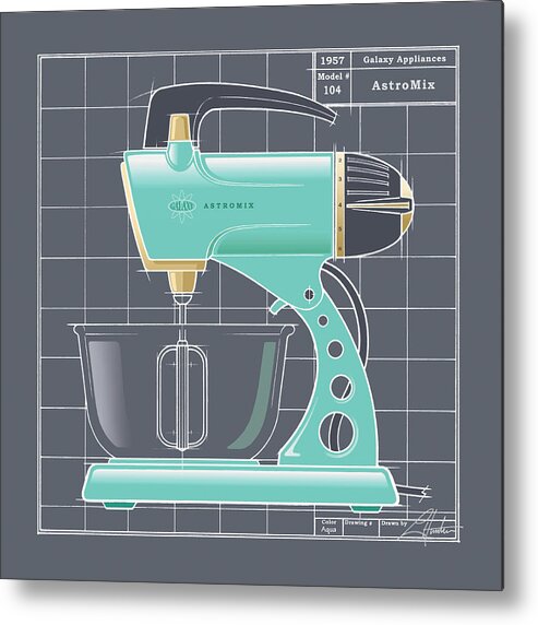 Mid Century Metal Print featuring the drawing AstroMix - aqua by Larry Hunter