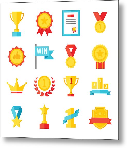 Crown Metal Print featuring the drawing Award, trophy, cup and medal flat icon set - color illustration by Pop_jop