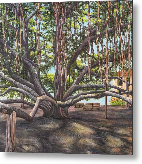 Landscape Metal Print featuring the painting Banyan Tree Lahaina Maui by Darice Machel McGuire
