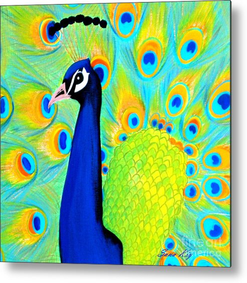 Peacock Metal Print featuring the painting Beautiful Peacock Card by Oksana Semenchenko