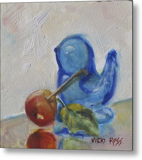 Blue Bird Metal Print featuring the painting Blue Bird and Cherry by Vicki Ross