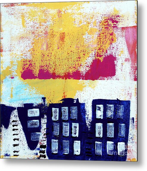 Abstract Urban Landscape Metal Print featuring the painting Blue Buildings by Linda Woods