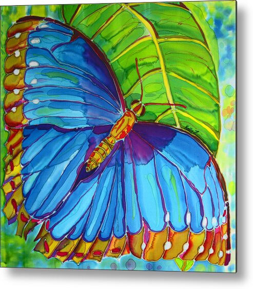 Butterfly Metal Print featuring the painting Blue Morpho Butterfly on Zebra by Kelly Smith