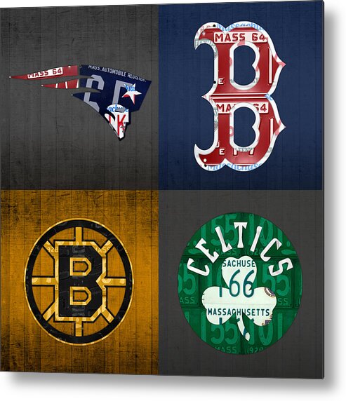 Boston Metal Print featuring the mixed media Boston Sports Fan Recycled Vintage Massachusetts License Plate Art Patriots Red Sox Bruins Celtics by Design Turnpike