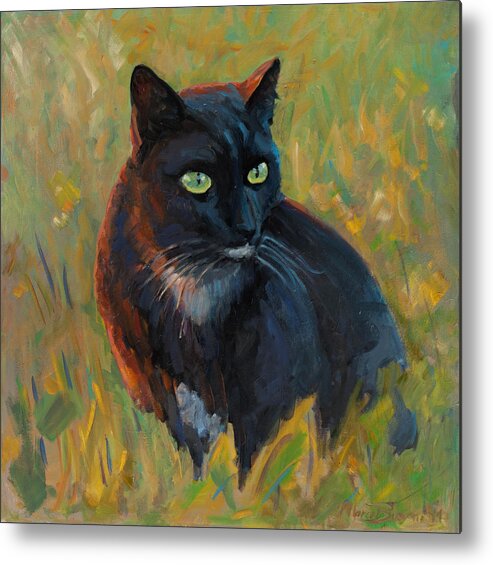 Cat Black Pet Grass Sunset Light Feline Sharp Look Metal Print featuring the painting Bubu in the sunset by Marco Busoni
