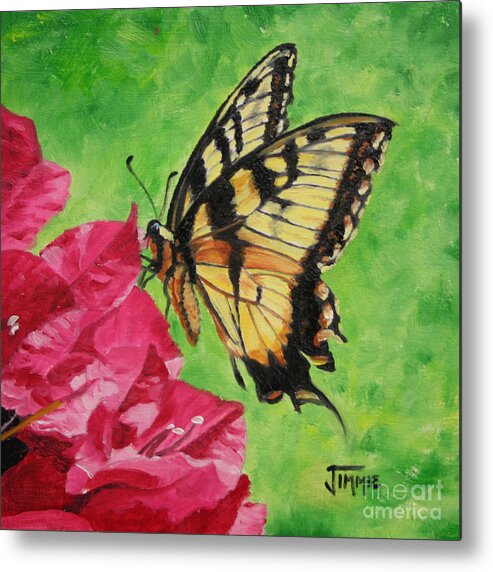 Butterfly Metal Print featuring the painting Butterfly on Bougainvillea by Jimmie Bartlett