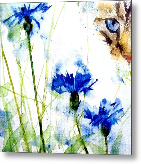 Tabby Metal Print featuring the painting Cat in the cornflowers by Paul Lovering