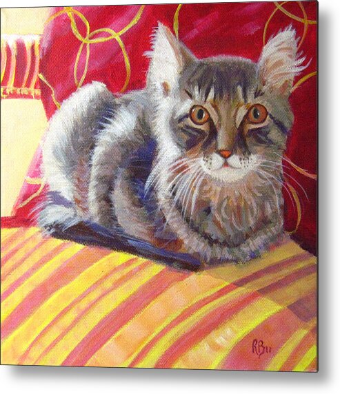 Cat Metal Print featuring the painting Cat on Red Chair by Robie Benve