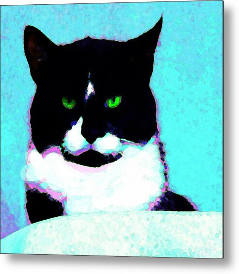 Cat Black And White Tuxedo Cat With Green Eyes Metal Print featuring the digital art Cat with Green eyes by Priscilla Batzell Expressionist Art Studio Gallery