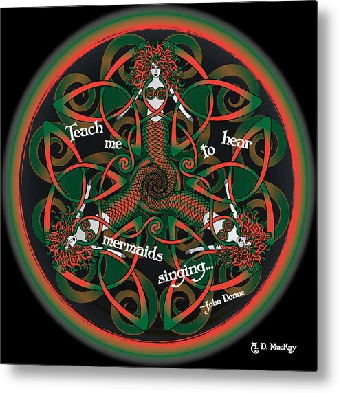 Celtic Art Metal Print featuring the digital art Celtic Mermaid Mandala in Orange and Green by Celtic Artist Angela Dawn MacKay